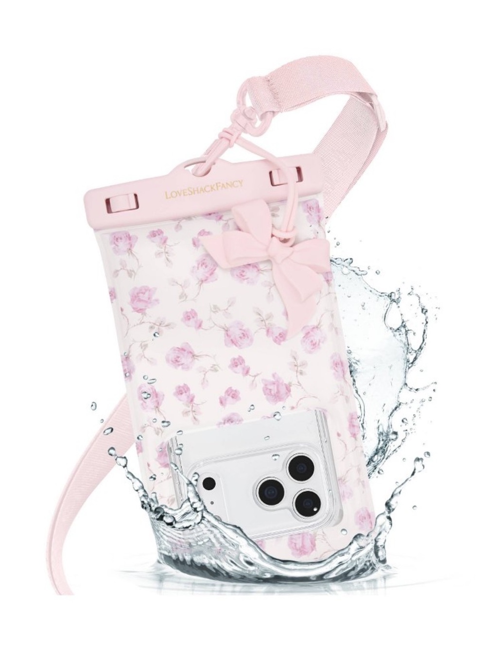 NWOT LoveShackFancy Pink Floral Waterproof Phone Pouch with Bow
